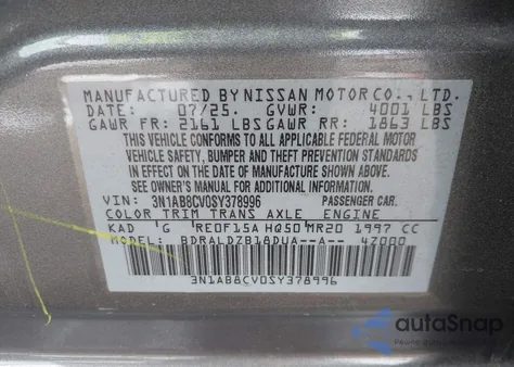 2025 Nissan Sentra Sv from USA, damaged, VIN 3N1AB8CV0SY378996